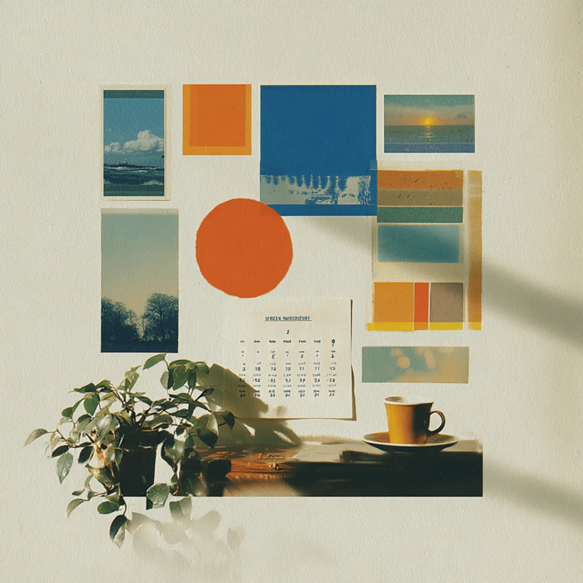 Sprout design work: a pinned board of coastal photography, colour swatches and a printed calendar